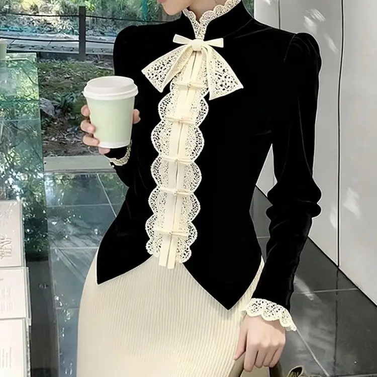 

winter short slim velvet shirt temperament light luxury new Chinese stand-up collar black lace top for women