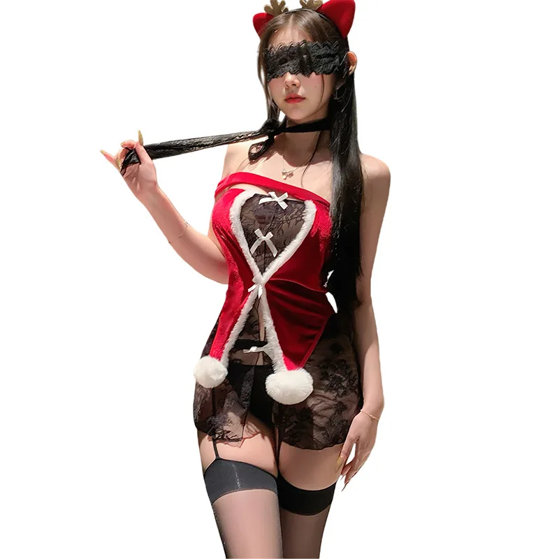 

New Design Women's Sexy Lace New Year Red Lingerie Dress Adult Lady Christmas Dress Up Fliter Costumes Naugty Nude Nightwear