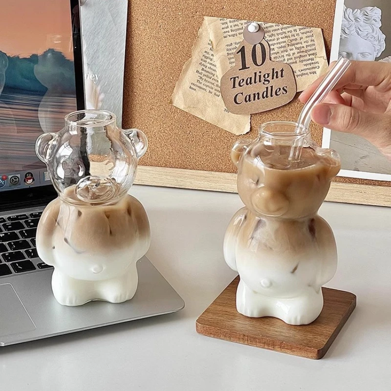 1PC Ins Internet Celebrity Restaurant Bear Coffee Cup Cute Cartoon Glass Creative Glass Juice Cup Milky Tea Bottle Home Party