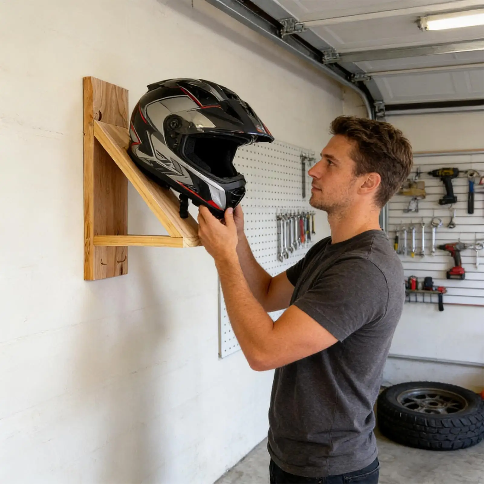 

Helmet Holder Wall Mount Wooden Gear Storage Organizer Motorcycle Helmet Rack For Garage Living Room Home Workshop Basement