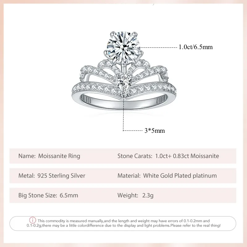 Follow Cloud Crown Moissanite Diamond Ring D Color 1.83ct Round White Gold Plated Engagement Wedding Ring for Women Fine Jewelry