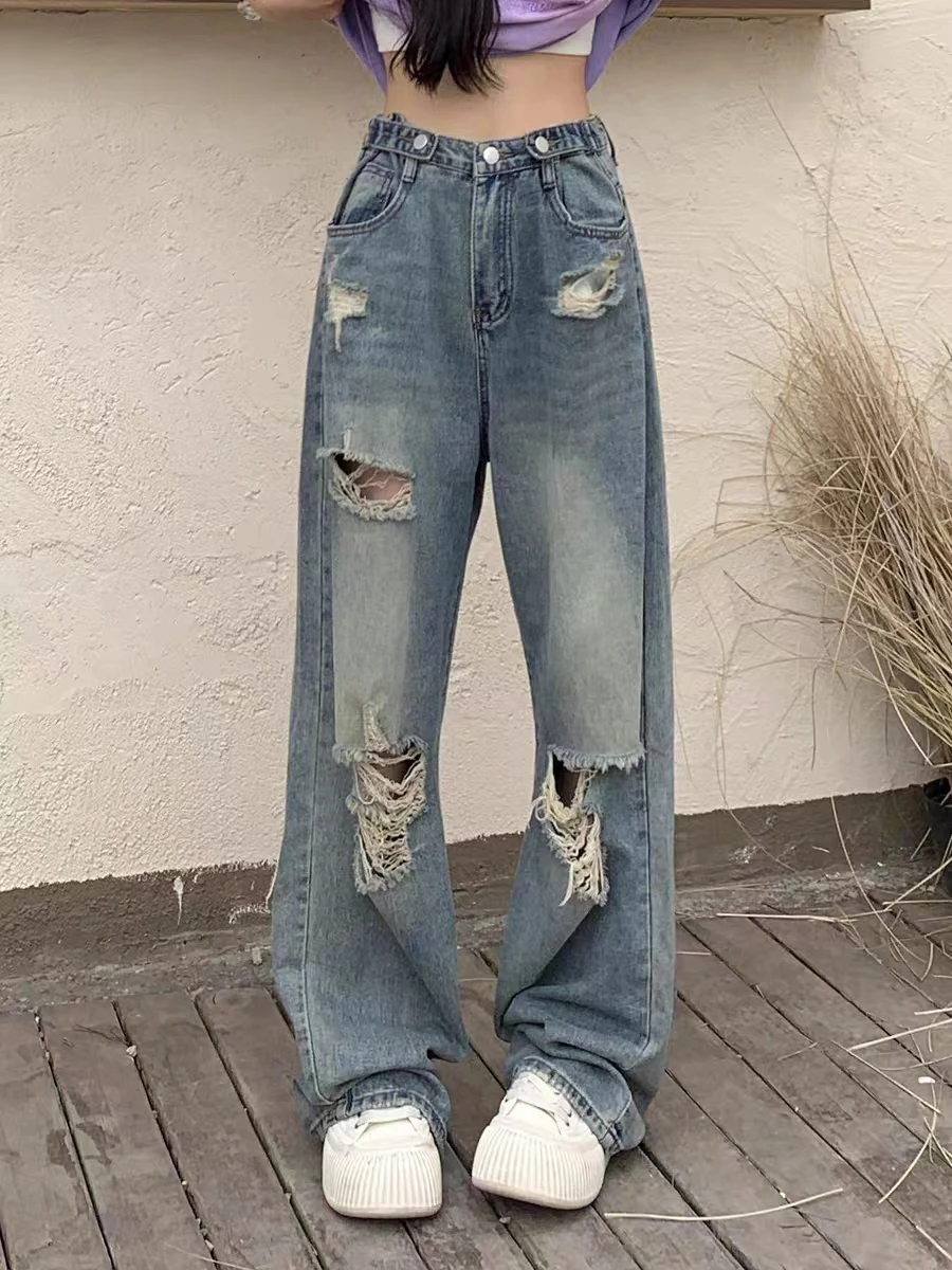 plus Size Women's American Style Ripped Denim Pants High Waist Straight Leg Loose Fitting Slimming Wide Leg Floor Length