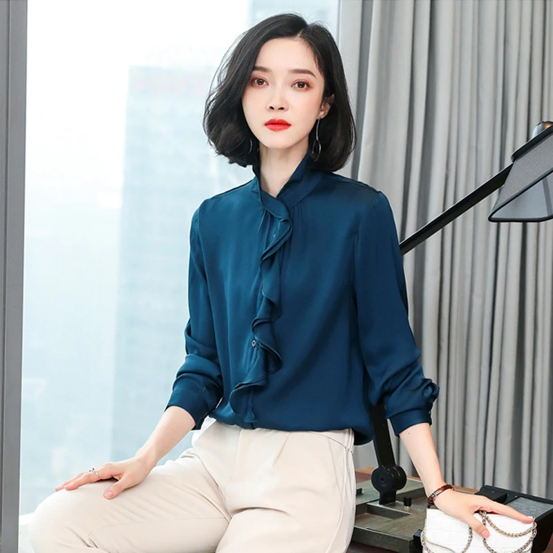 2026 Spring New Women's Shirt Ruffle Trim Long Sleeve Satin Mandarin Collar Elegant Heavyweight Mulberry Silk Top Blouse