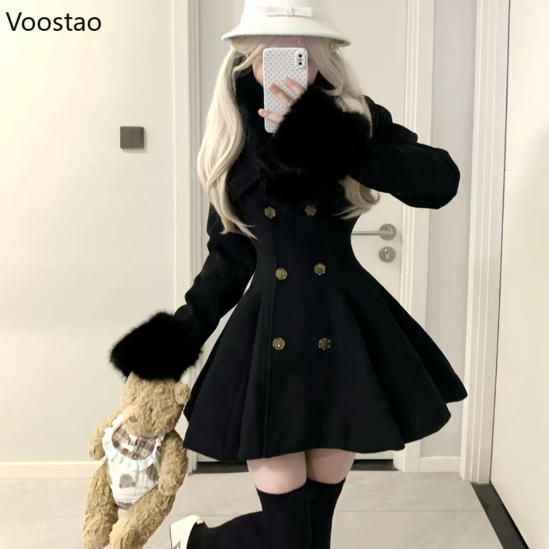 Autumn Winter Japanese Elegant Lolita Woolen Coat Women Sweet Fur Collar Slim Jacket Female Korean Y2k Warm Dress Cute Overcoat