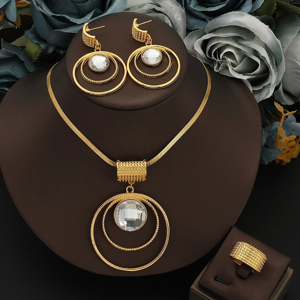 الفولاذ المقاوم للصدأ مبالغ فيها كبيرة جولة قلادة قلادة أقراط خاتم مجموعة للنساء مجوهرات أزياء هدايا الزفاف