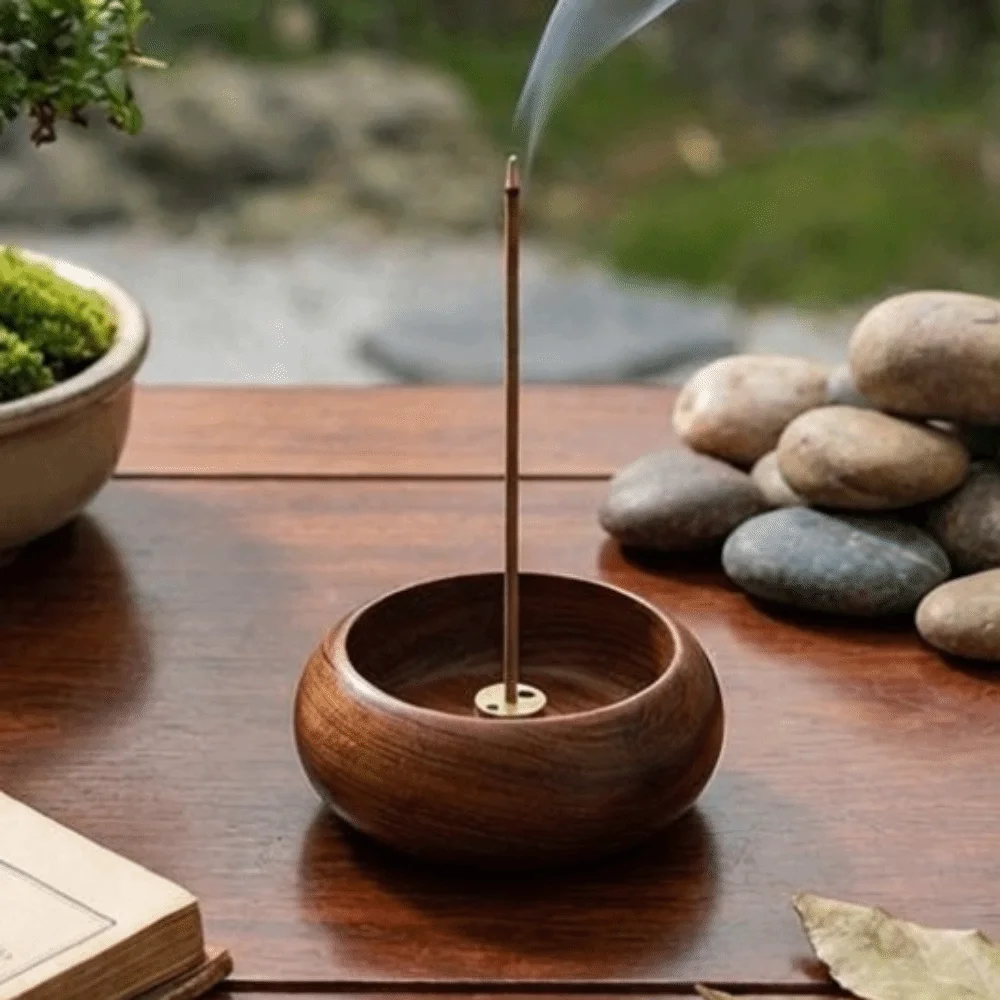 Traditional 4 Holes Wooden Incense Holder Handcrafted Solid Wood Stick Holder Smooth Polished Round Incense Base Yoga Practice