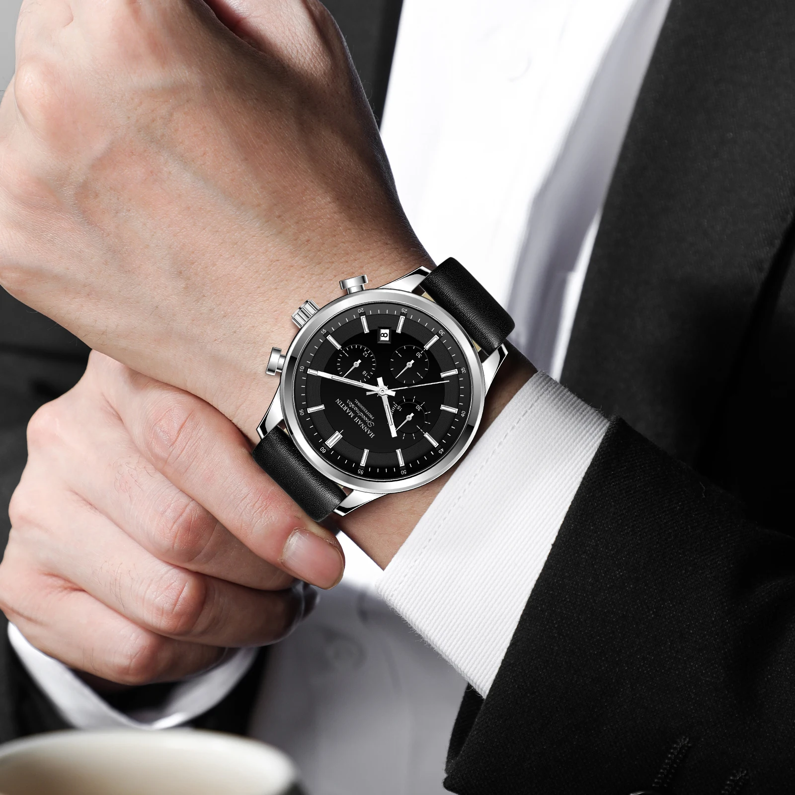 2024 New Mens Black Watch Fashionable Multi functional Timing Dial Original Quartz Movement Simulated Clock Silver Casual Watch