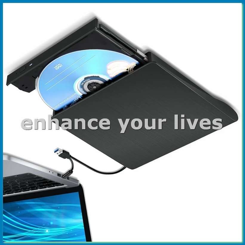 External CD DVD +/-RW Drive, USB 3.0 & USB-C Portable CD & DVD ROM Burner Player Reader Writer Rewriter Disc Drive,Black-A23U