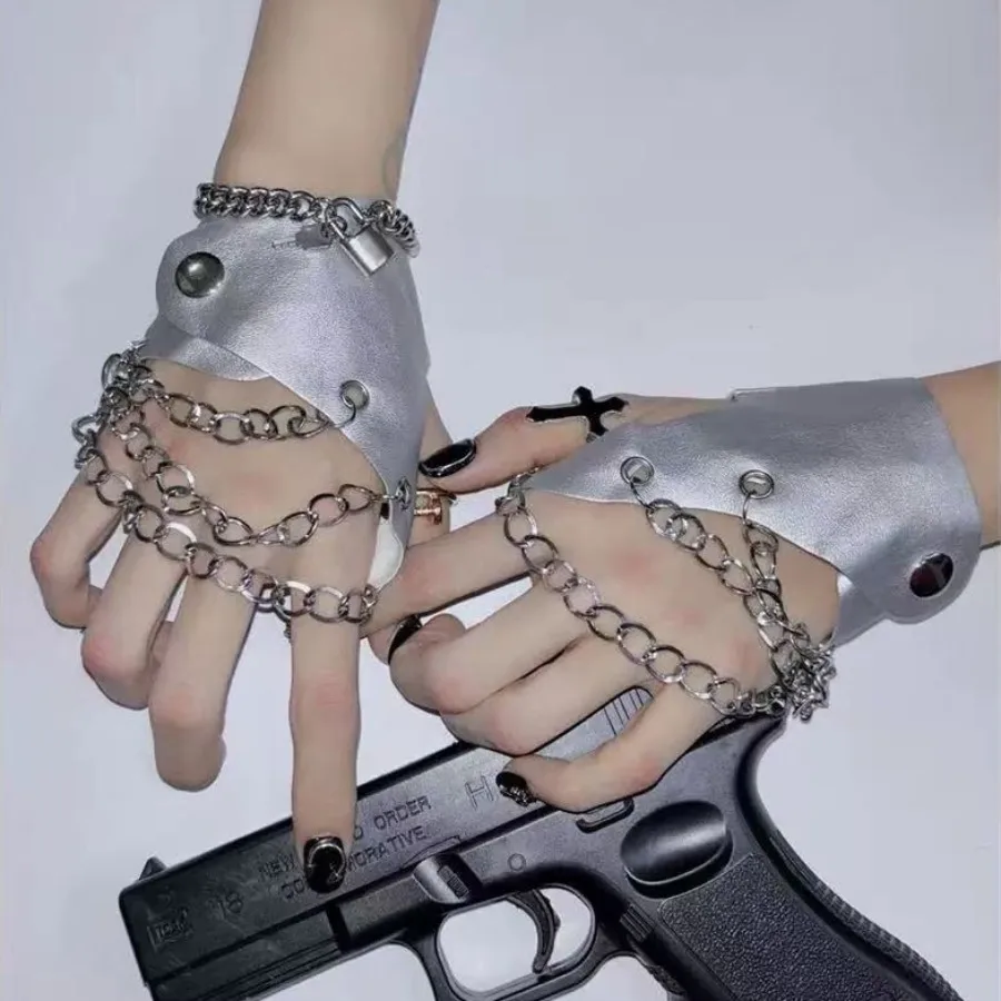 

Готические панк-перчатки без пальцев с металлической цепочкой Y2K Spice Girls, субкультура, косплей, перчатки из искусственной кожи с половиной пальца