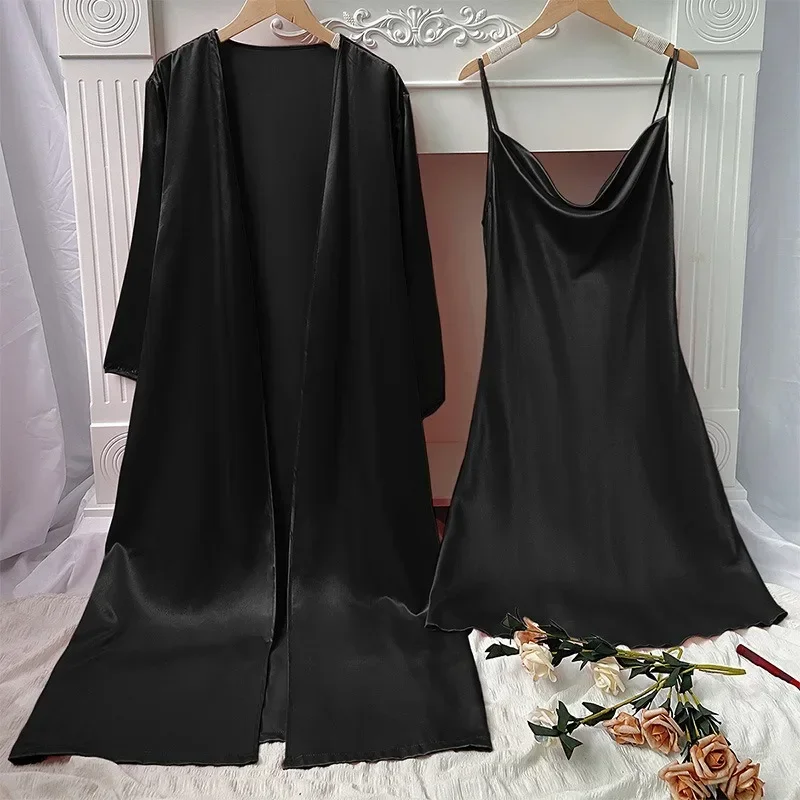 Solid Silk Satin Women Nightgown Set Sling Dress & Long Sleeve Robe Sleepwear 2 Pieces Sleeveless Cowl Neck Nightwear Homwear