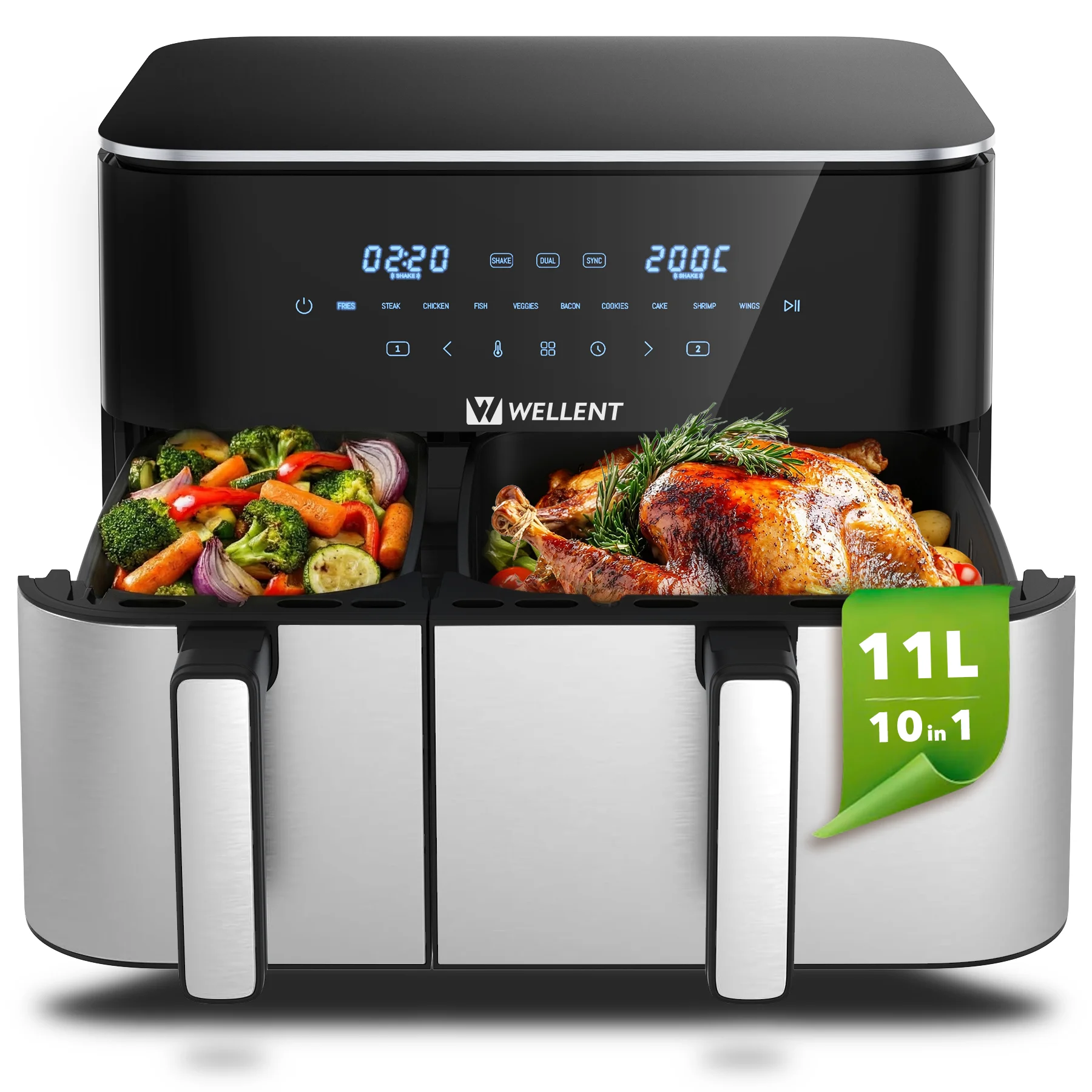 Friteuse à air chaud double zone 4L+7L, 2600W, chauffage à double élément, idéale pour les familles de 5-6 personnes, contrôle de la température par écran tactile pour rôtissage sans huile, noir