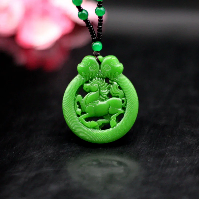 

Natural Green Jade Horse Monkey Pendant Necklace Double-sided Hollow Carved Fashion Charm Jewellery Amulet Gifts for Men Women