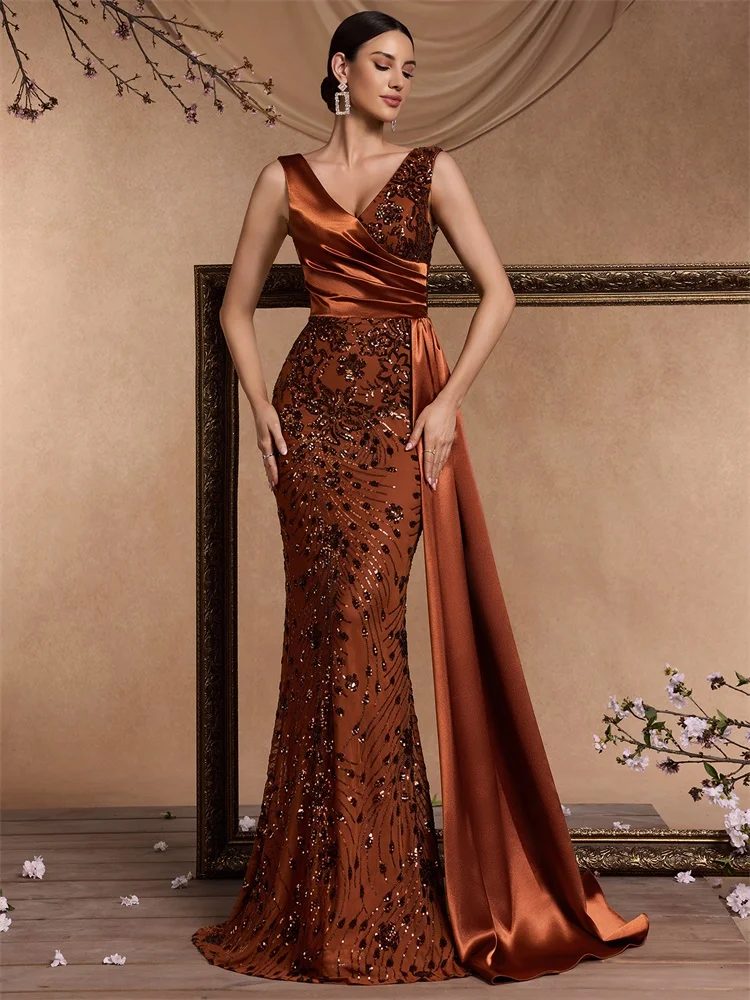 Elegant V-neck Splice Ribbons Sequins Evening Dresses Woman Sleeveless Mermaid Formal Luxury Wedding Party Prom image 3