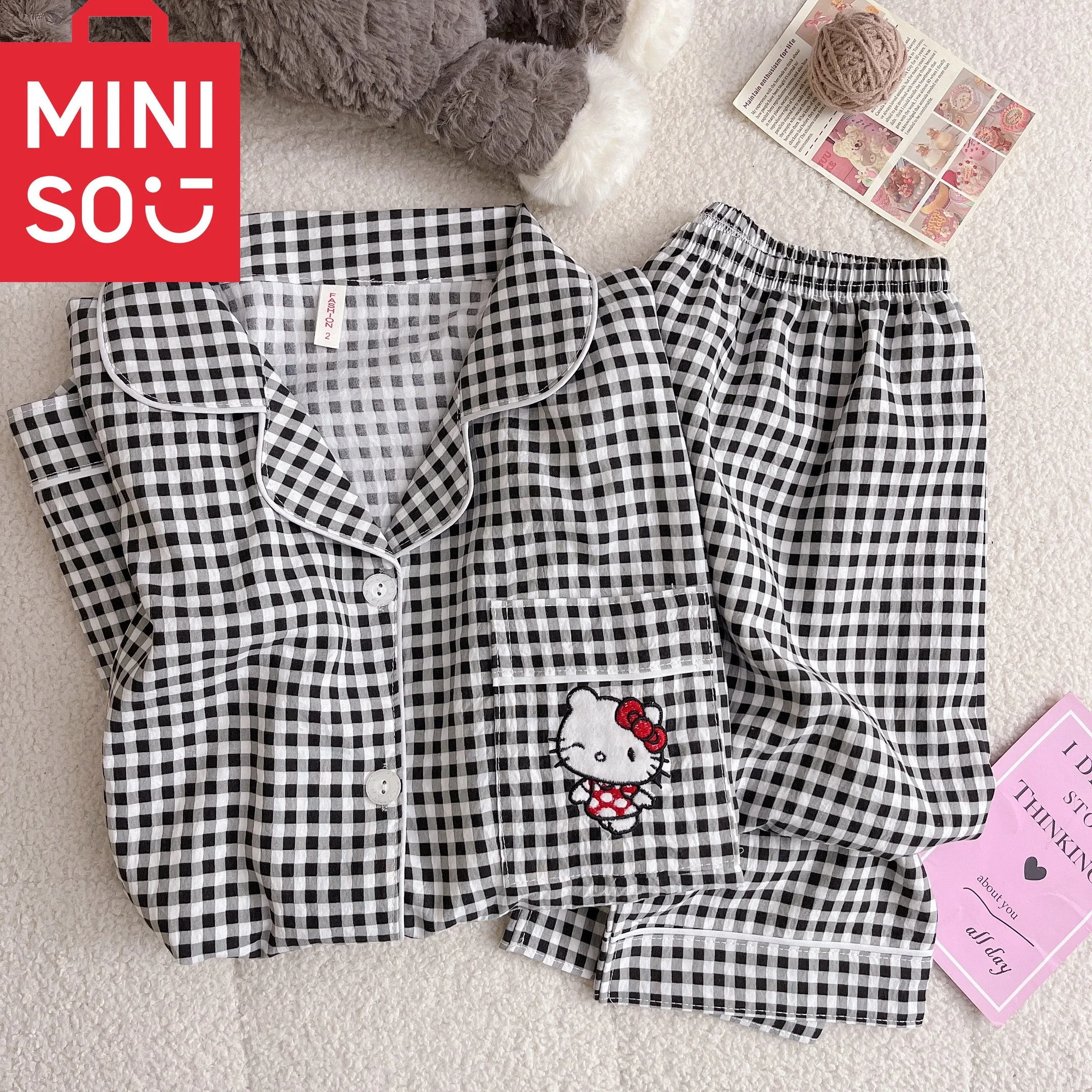 

Hello Kitty Embroidered Women's Pajamas Set Fall Spring Plaid Print Loungewear Long Sleeve Cardigan Top and Pants Home Sleepwear