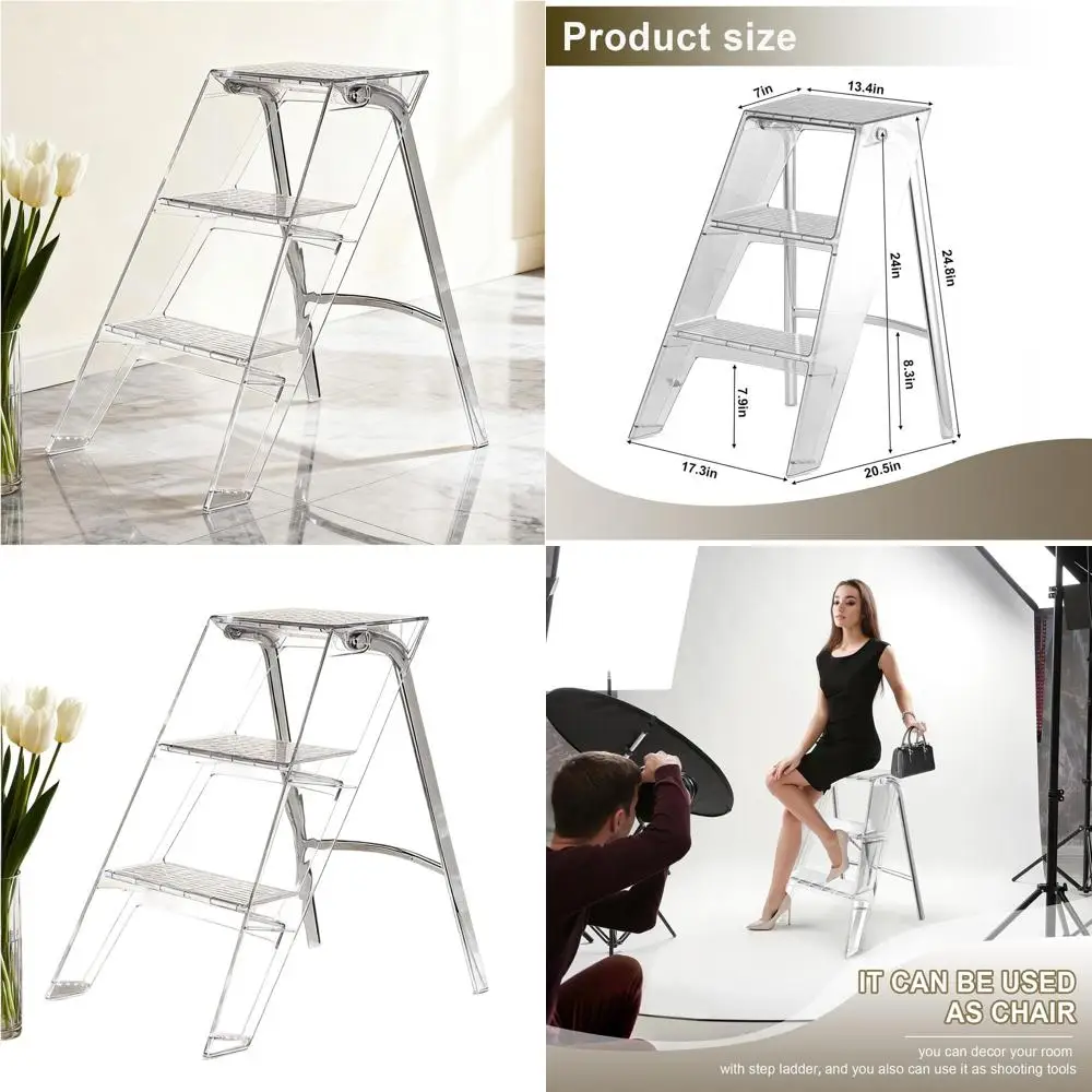 Transparent 3-Step Acrylic Folding Stool for Adults, Modern Decorative Storage Shelf, Flower Rack, Photography Accessory