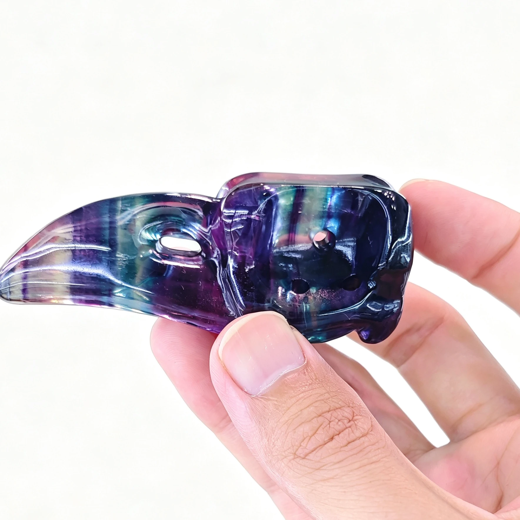 Natural Rainbow Fluorite Carved Crow Skull Figurine Raven Bird Head Gemstone Gothic Statue Home Office Decor Gift