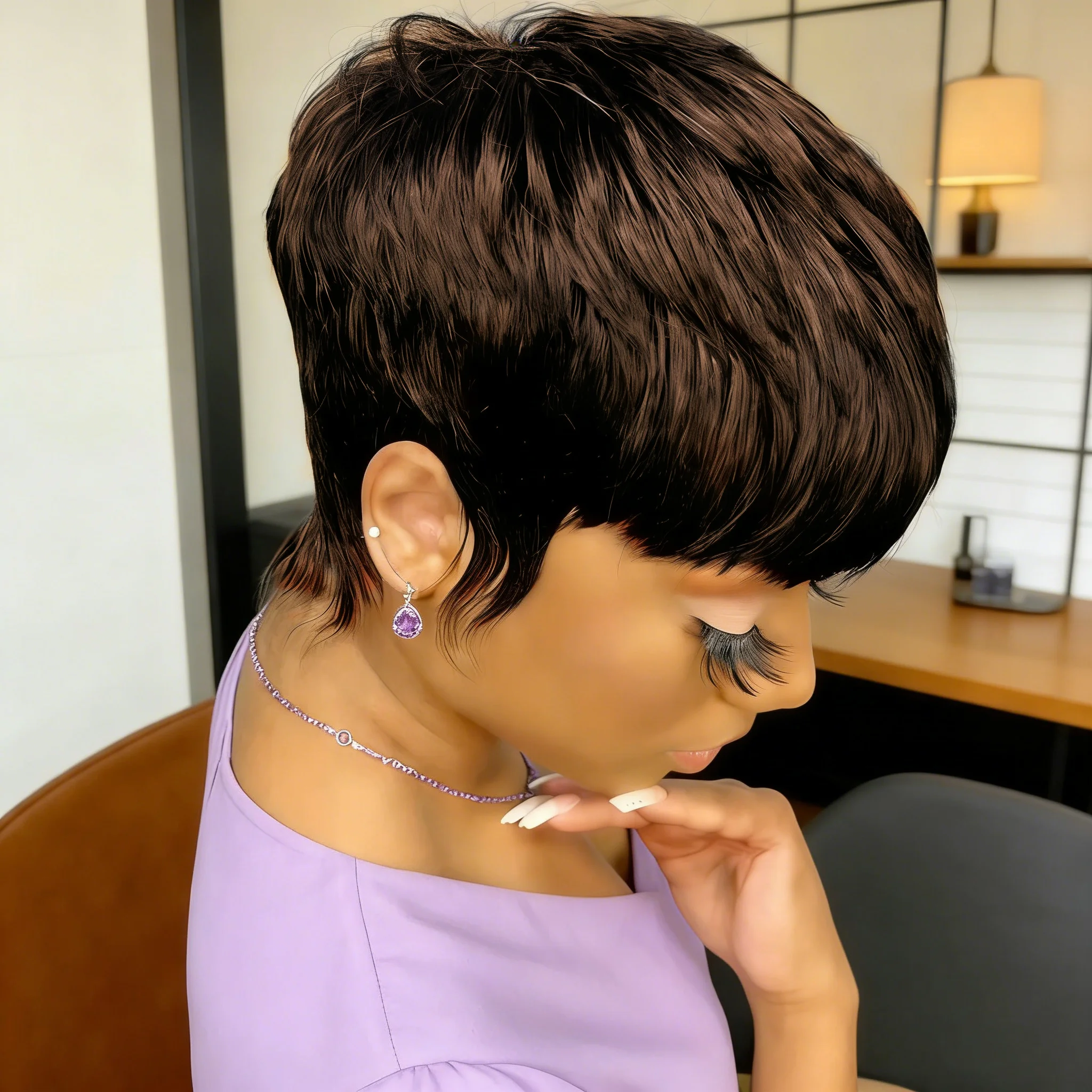 

Парик из натуральных волос прямой стрижки пикси для женщин, полностью машинной работы, с челкой, без спутывания, короткий, для повседневной носки