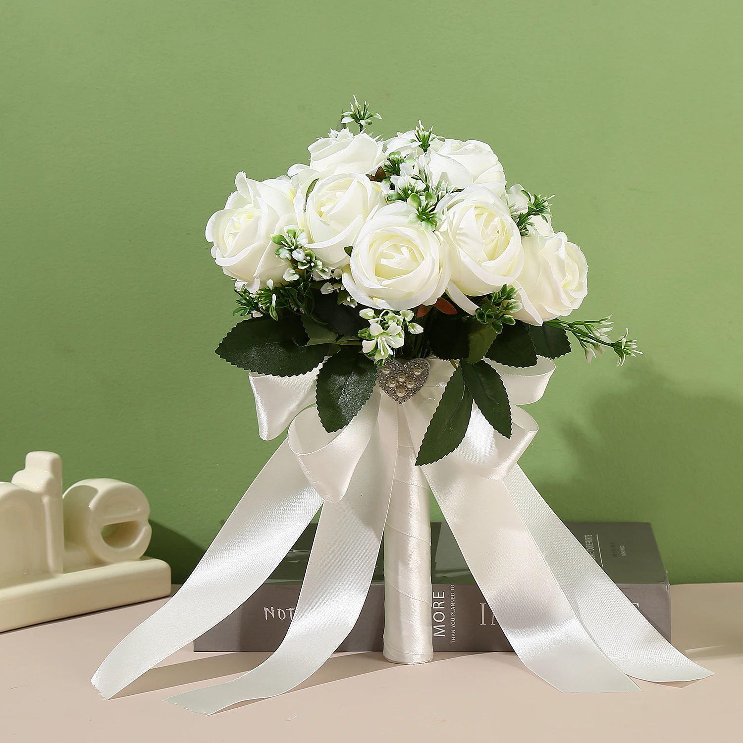 Buquê de flor artificial para madrinhas, Buquê de casamento nupcial, Rosa artificial branca, Decoração Home, 1 buquê