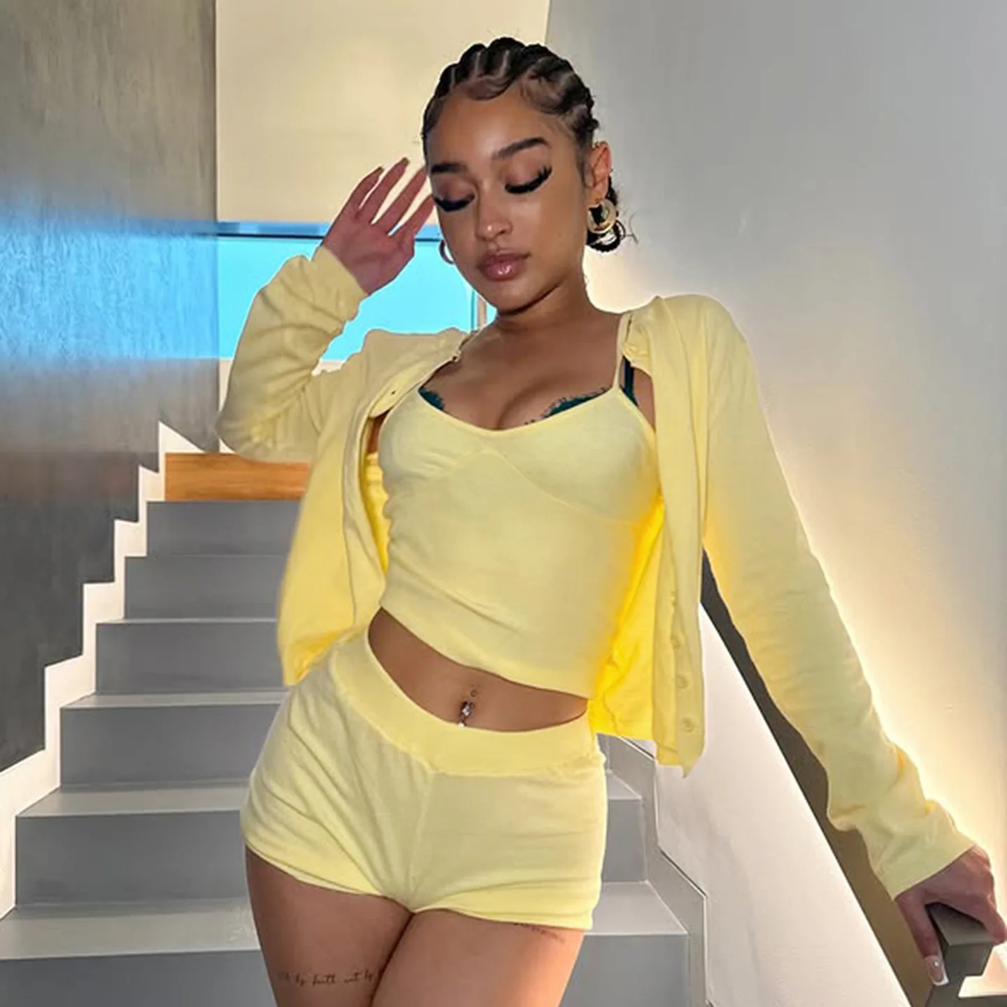 

Women Solid Casual 3 Piece Set Camis Crop Tops + Long Sleeve Single Breasted Cardigans+ Shorts Fashion Streetwear Suits Clubwear