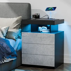 Smart Bedside Table LED Light Nightstand With 3 Drawer Waterproof Modern Style Adjustable Brightness Bedroom Furniture Cabinet