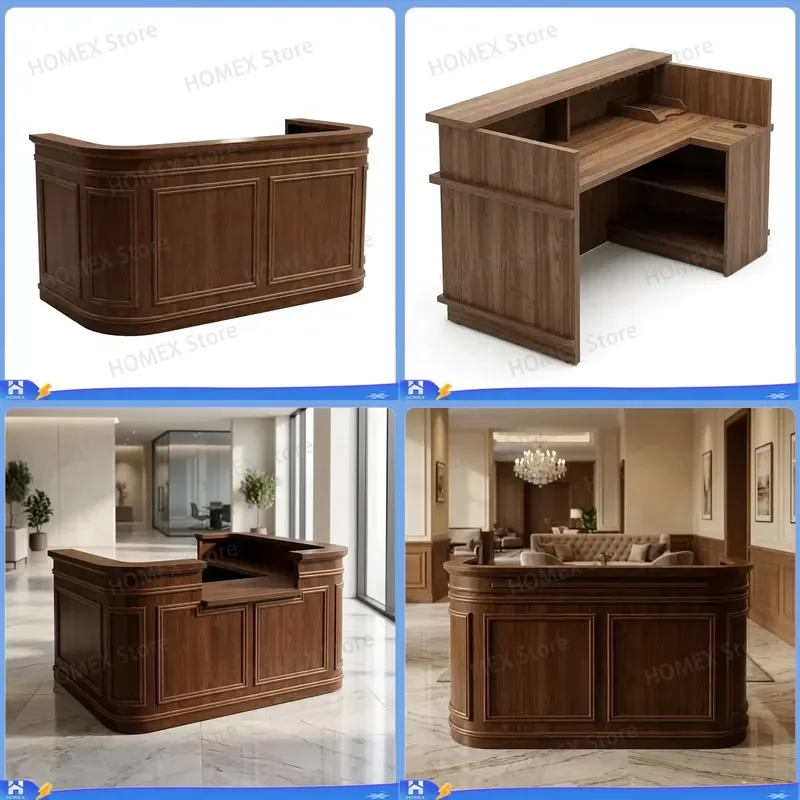 Classic Solid Wood Reception Desk with Privacy Baffle Veneer Front Counter Customizable Width for Hotel Lobby Office Clinic