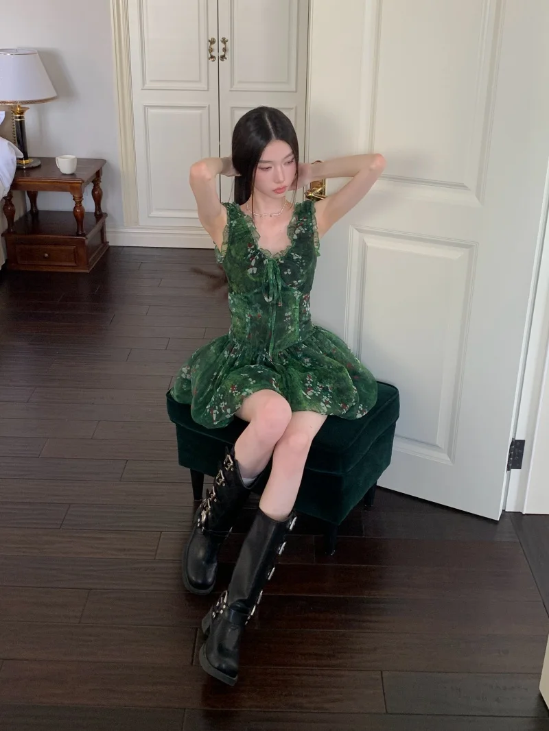 Cheerart チュールグリーン花柄フリルショートドレス 2025 女性ノースリーブボールガウンシフォンミニ誕生日ドレス高級夏