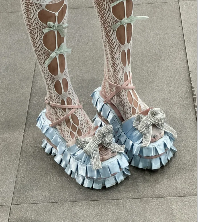 Platform Ruffle Sandals Open Toe Rhinestone Bow Decor Ankle Cross Straps Buckle Sweet Girl Thick Heels Shallow Party Shoes