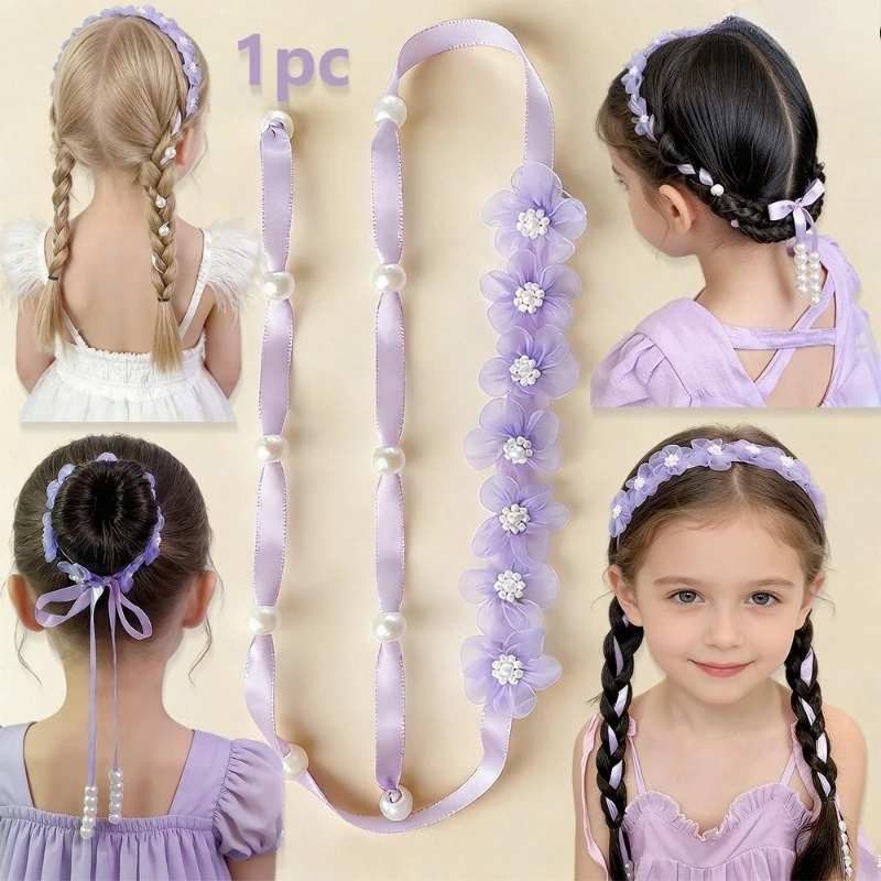 1 Stück Organza-Blumen-Haarband mit langem Band, modisches böhmisches Blumen-Haargummi, geflochtenes Haarband, geeignet für tägliche Partys – Detail 2