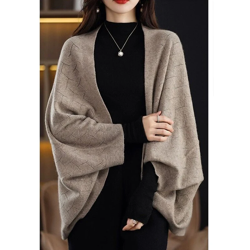 2023 Autumn Winter Women Elegant Fashion Oversize Shawl Knitted Cardigan Female Casual Solid Long Sleeve Soft Cloak Sweater Coat