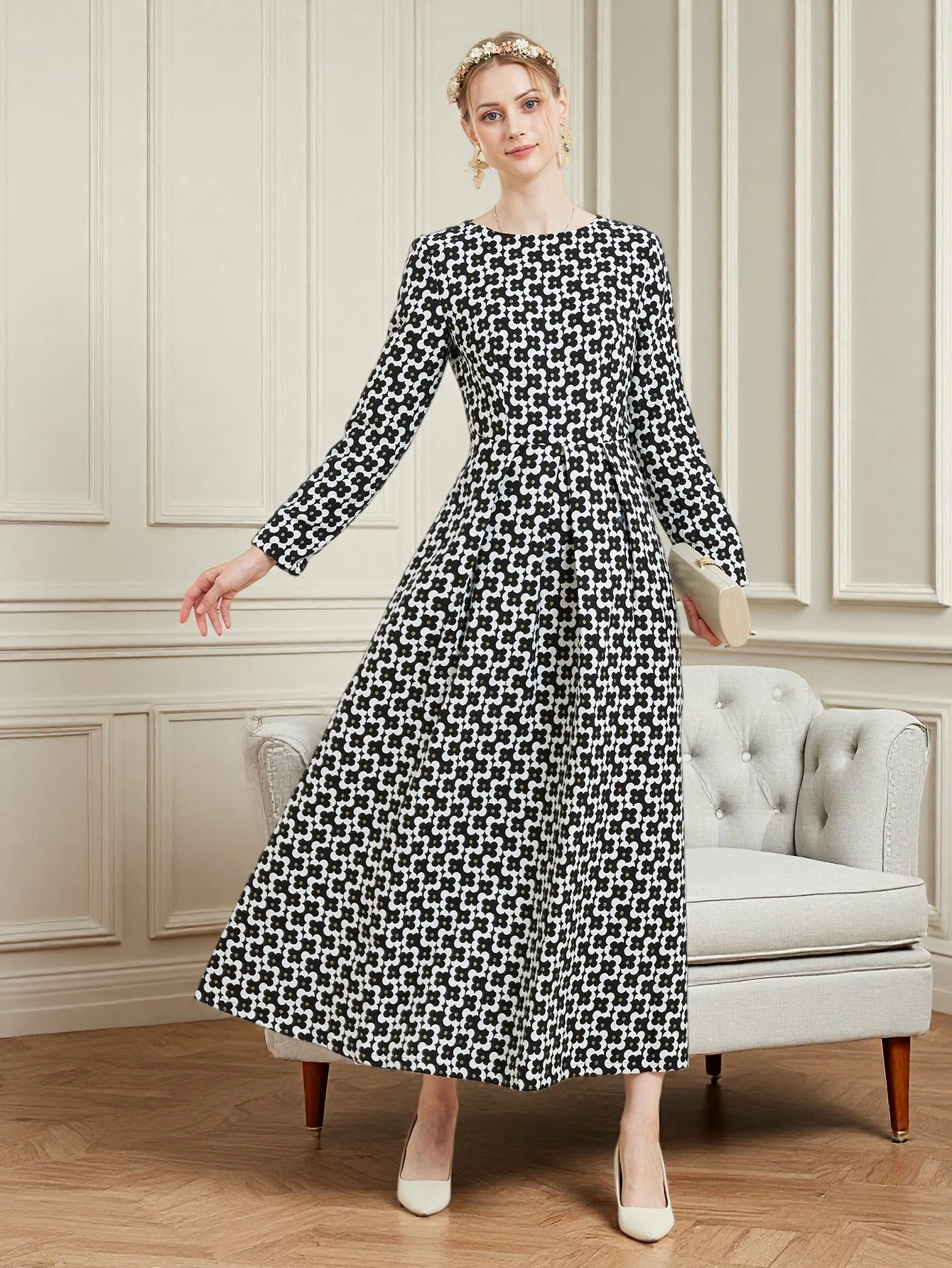 DEVCHATA Luxury Women Vintage Gold Thread Jacquard  Long Sleeve Dress Fashion Spring Autumn Floral Ladies Party dresses Clothing