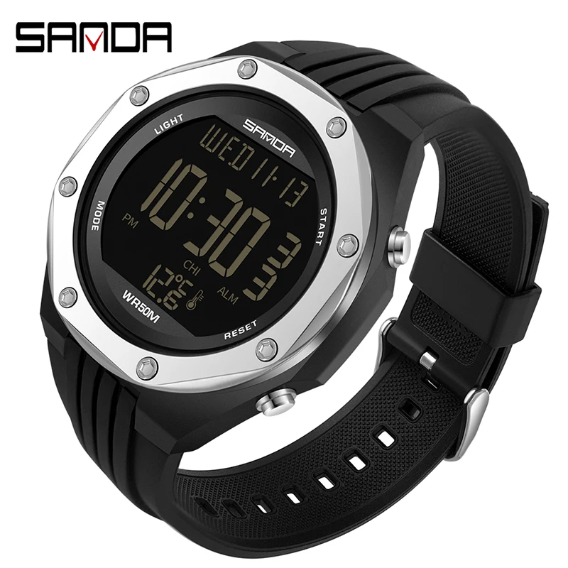 

SANDA NEW Fashion Military Men's Watches Body Temperature Monitor 50M Waterproof Sports Watch LED Electronic Wristwatches 6028