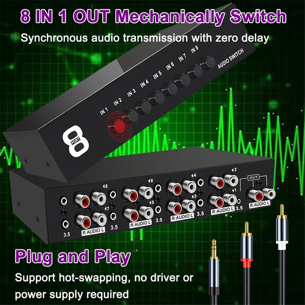 KK-B2-3.5mm Aux +RCA L/R 双方向ステレオオーディオスイッチ 8 イン 1 アウト A/B アナログオーディオスイッチャーセレクター