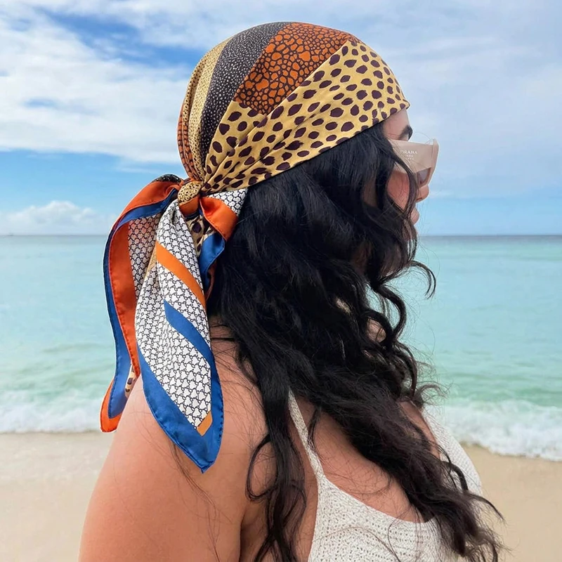

Fashion Satin Square Scarf Women Summer Hijab Geometric Patchwork Leopard Snake Print Neck Wrap Headband Beach Hair Scarf
