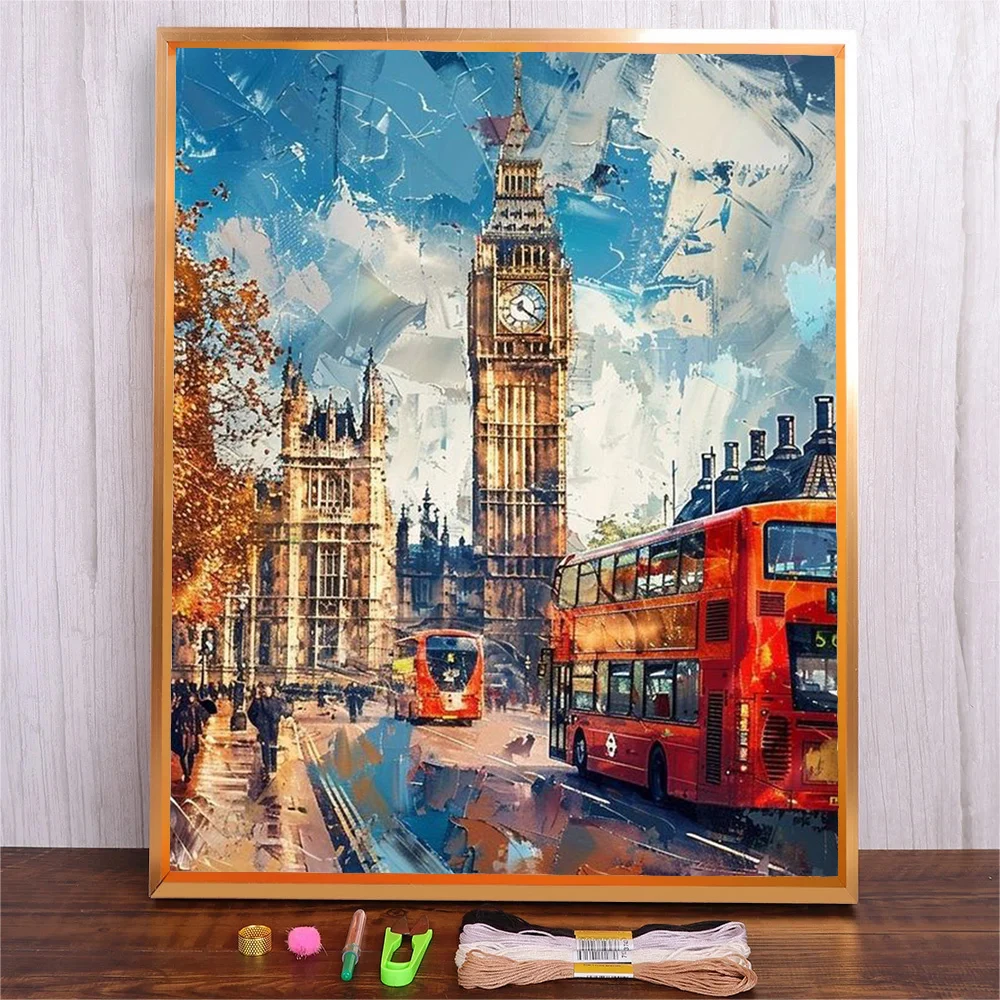 

London Street Scenery Patterns Embroidery Kits Full Printed Canvas Needlework 11CT Cross Stitch Landscape DIY Gift Home Decor