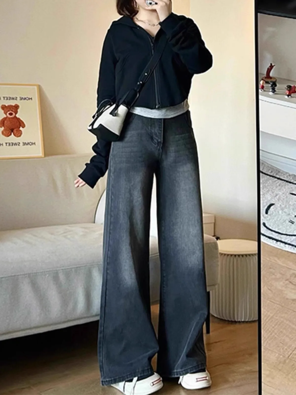 

Широкие джинсы с высокой талией, женские свободные джинсовые брюки с черной талией, осенние новые прямые брюки Sle Fuss Free