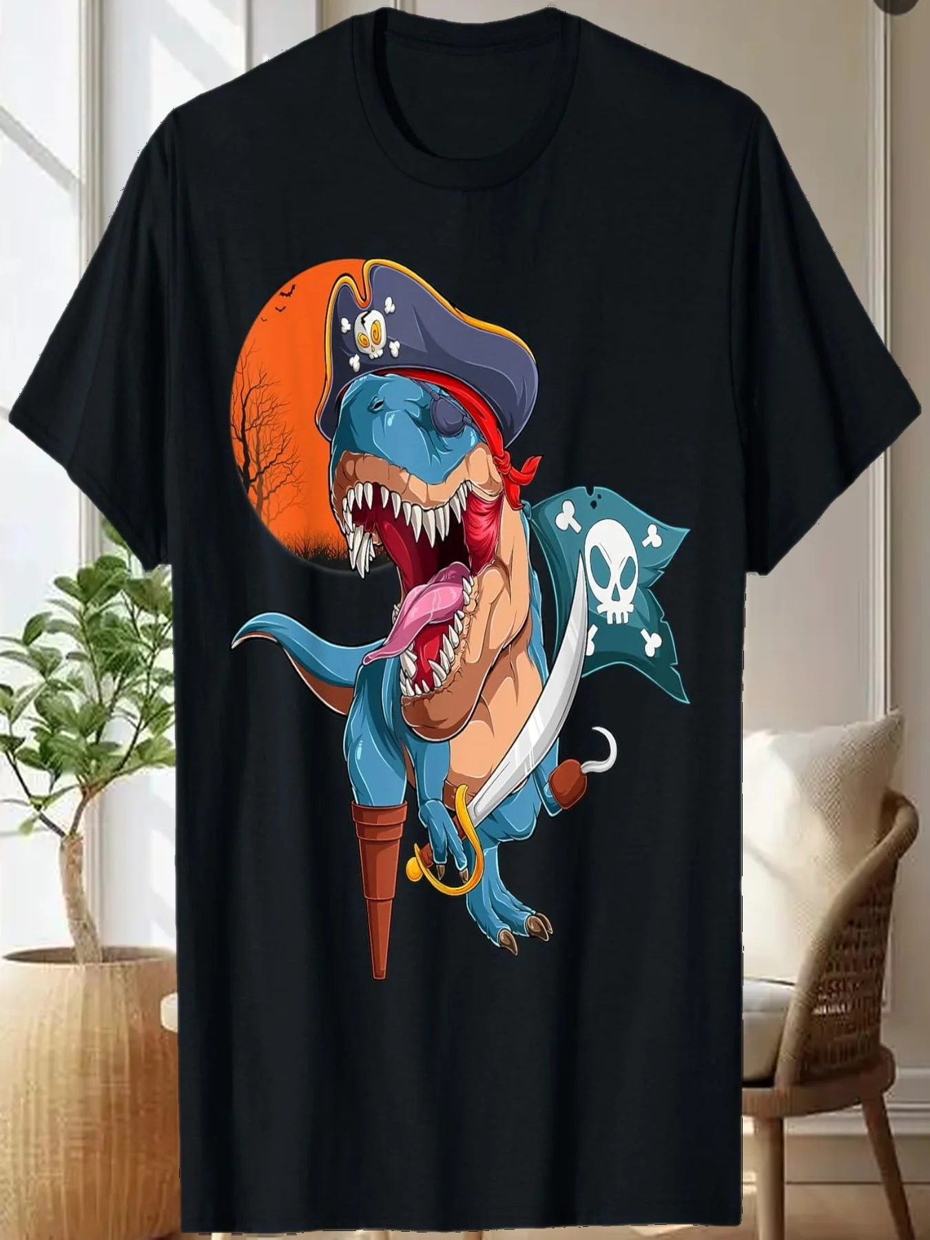 

Футболка с изображением динозавра T rex и пирата, футболка с флагом Веселого Роджера на Хэллоуин