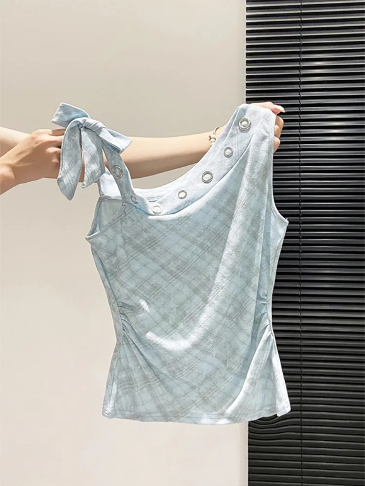 Summer New Plaid Wrap Neck Tie Waistless Sleeveless Tank Top Women's Design Sense Halter Slimming Sexy Girl's Top Korean Style