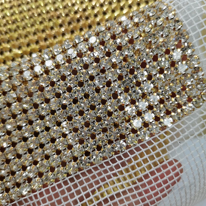 10 Yards/Roll 24 Rows Gold Claw Setting Clear Crystal Mesh White Netting Rhinestone Trim Sew on Bags Clothes Shoes Accessories