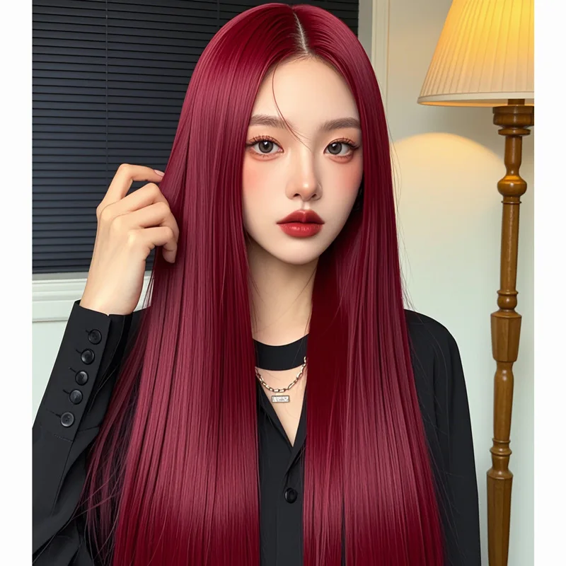 

Wine Red Long Straight Synthetic Wig For Women Cosplay Party Fake Hair Center Part Natural Heat Resistant Full Head Cover