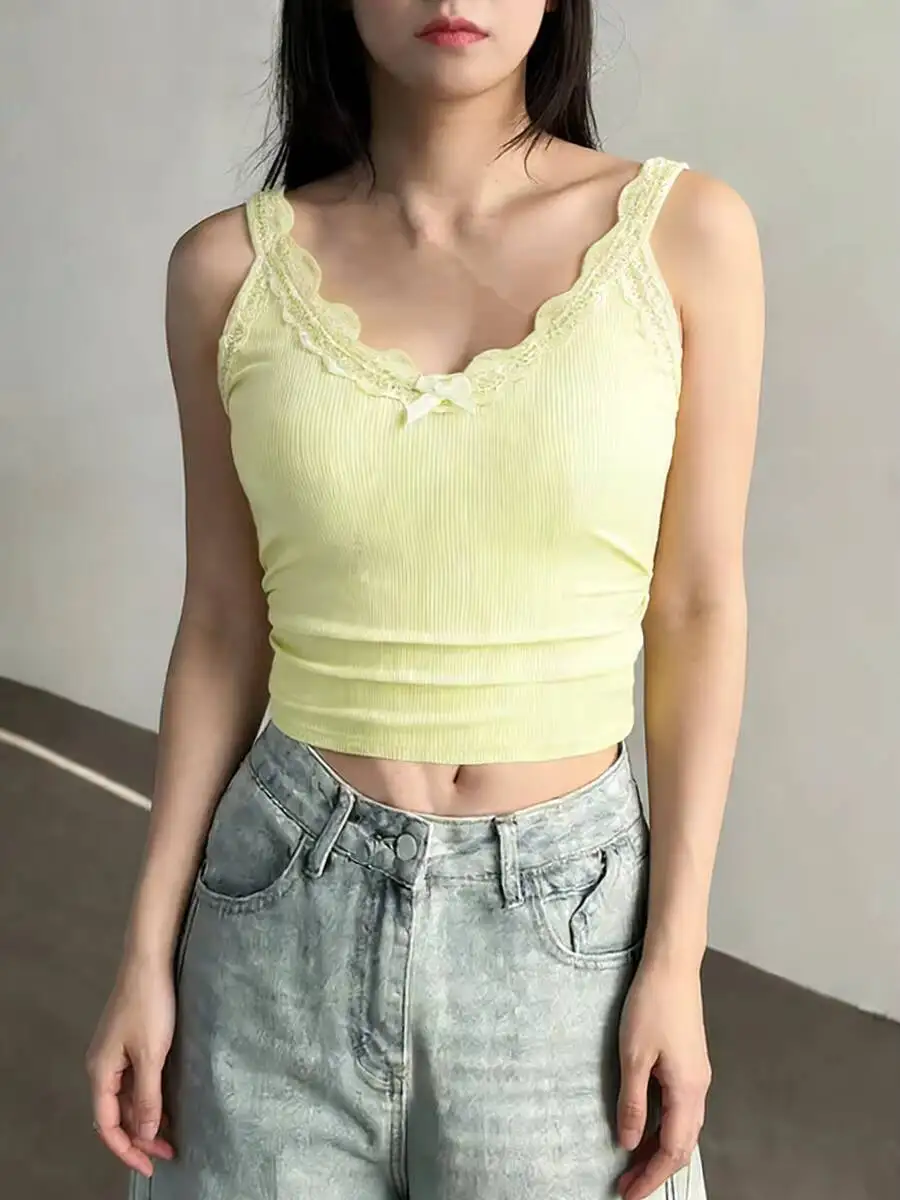 Women's Tank Top Spring Summer Light Yellow Ribbed Knit Scallop Lace Bow Detail Crop Top Valentine's Day Sweet Casual Daily Top