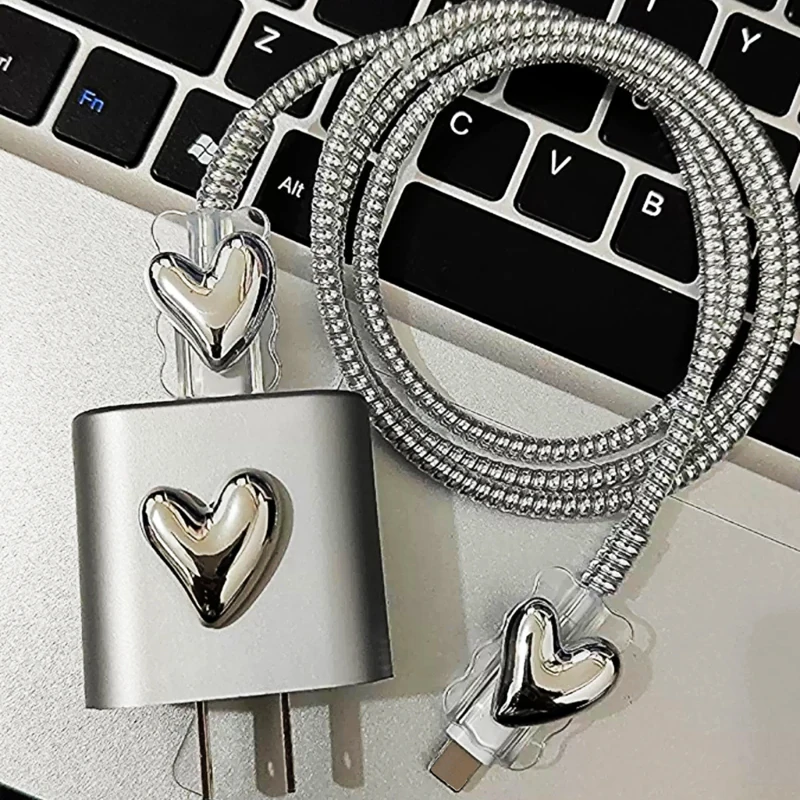 2024 Charger Cable Protector Cover For IPhone 15 14 13 12 18W 20W Charger Silver Heart Design Data Line Spiral Winder Protective