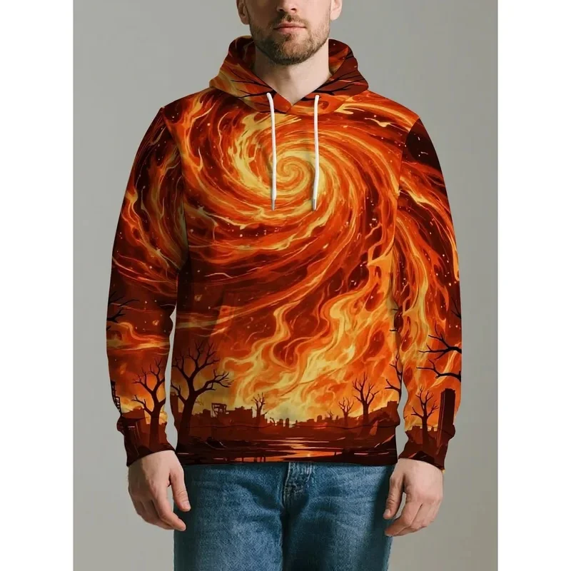 3D Full Print Fire Hoodie Men Back Swirl Flame Vortex Dead Tree City Scenery Drawstring Loose Casual Hooded Sweat Top