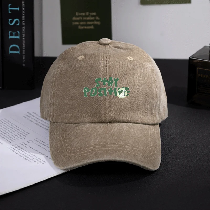 Retro Washed Cotton Cap Unisex Distressed Soft Top Dad Hat Stay Positive Inspirational Word Print Curved Brim Hip Hop Hat Summer