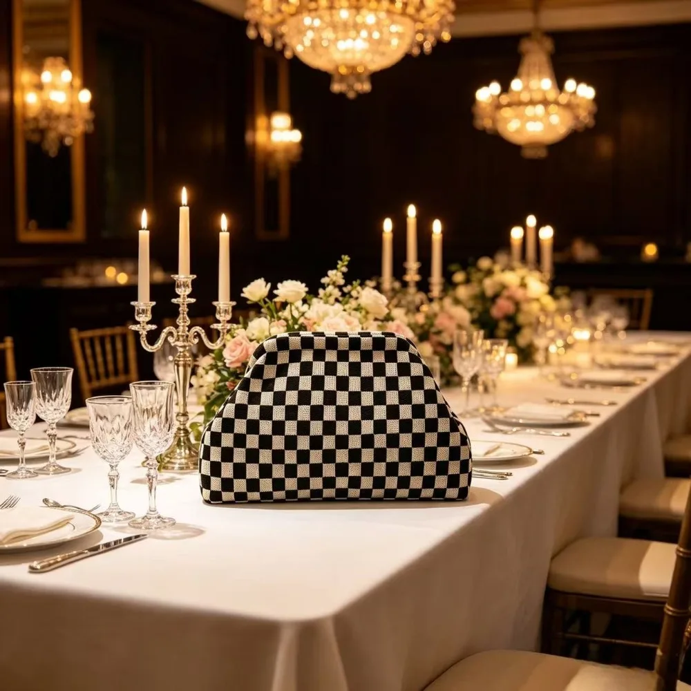 Retro checkerboard knit large-capacity multi-functional storage clutch bag - view 6