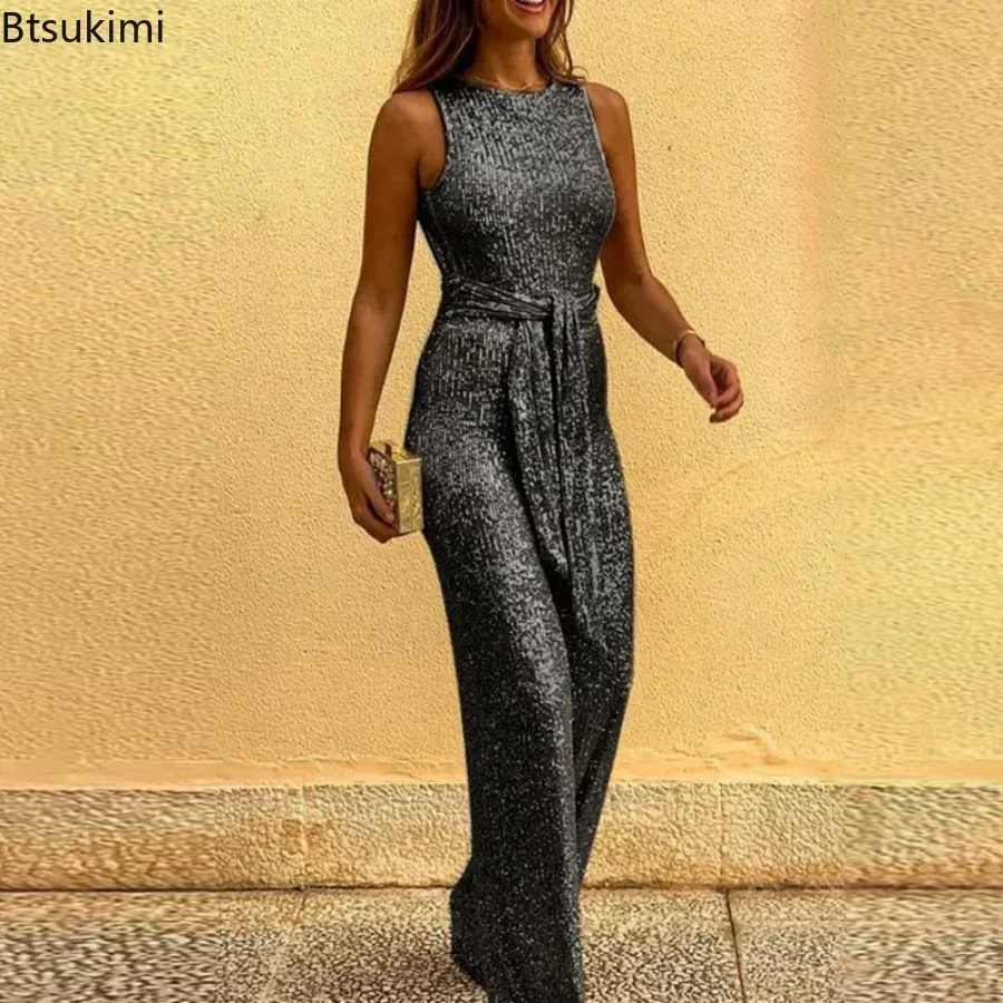 New 2025 Women Elegant Sleeveless Sequined Glitter Shiny Jumpsuit Trousers Wide Leg Pants Sexy Backless Jumpsuit Romper Overalls