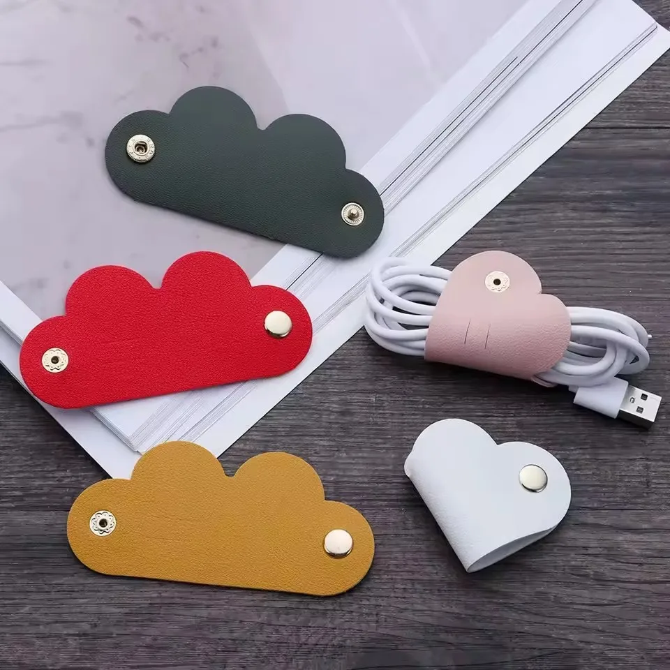 Multifunctional PU Leather Phone Data Cable Organizer Data Storage Heart-shaped Cable Clip Hub Wired Headphone Winding Clip