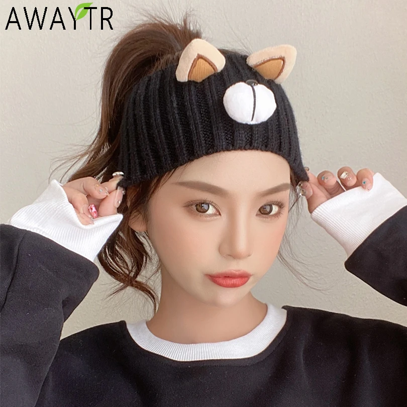 AWAYTR Cute Bear Knitted Turban Headband Autumn Winter Warm Elastic Hair Band Cross Headwrap Bandana for Women Hair Accessories