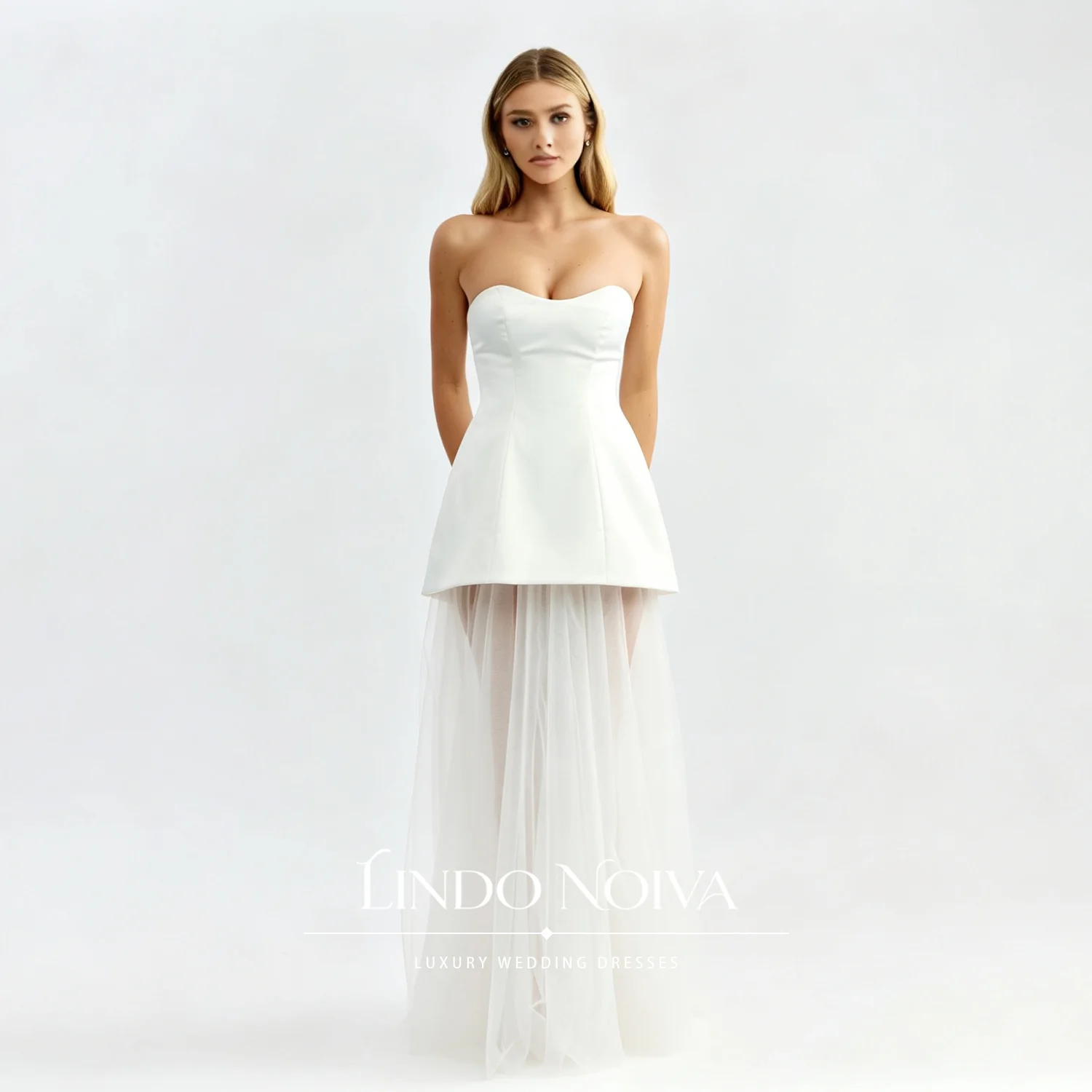 LINDO NOIVA Customized White Strapless Sweetheart Tulle Wedding Dress Sleeveless Modern Vestidos De Novia For City Hall Wedding