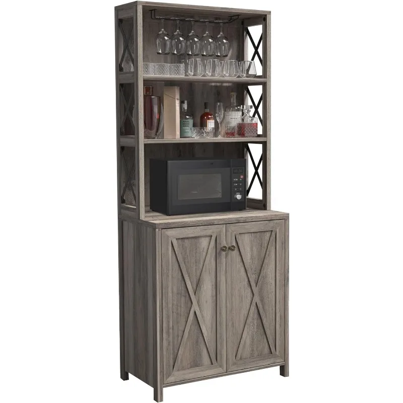 Armoire de cuisine de salle à manger avec vin T1, étagères de rangement ouvertes, portes en bois pour salon, couloir, lavage gris rustique