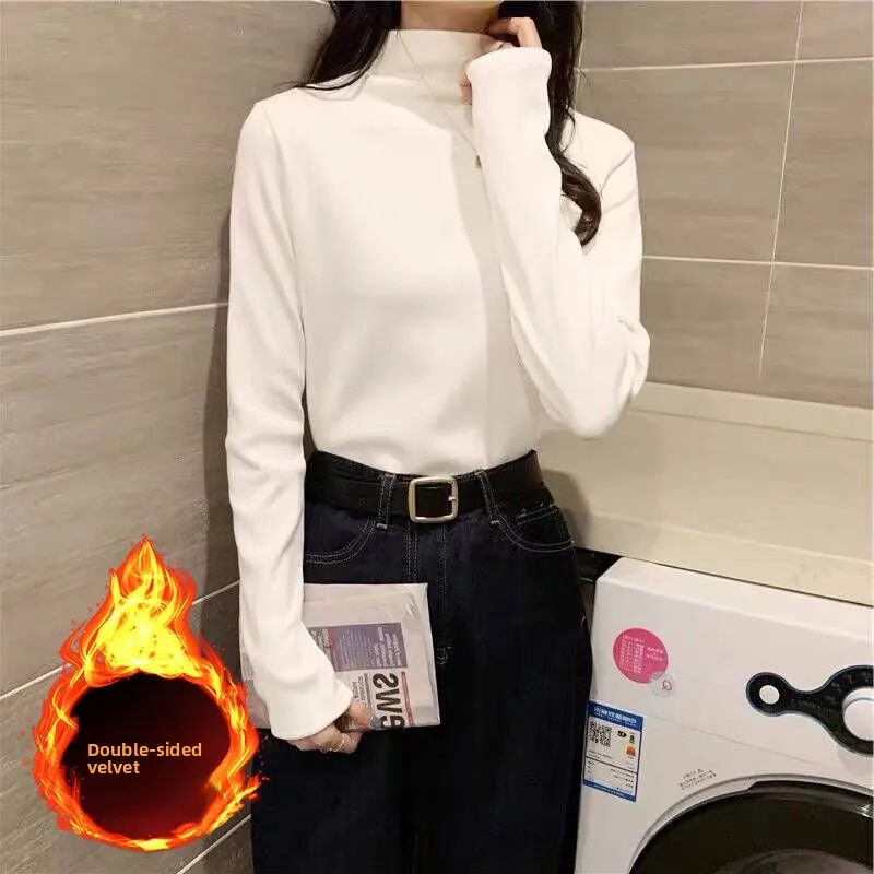 

Women's Base Layer irt f High Collar Long Sve Fce Lined Inner Wear White T-irt Versatile Autumn Winter Faion